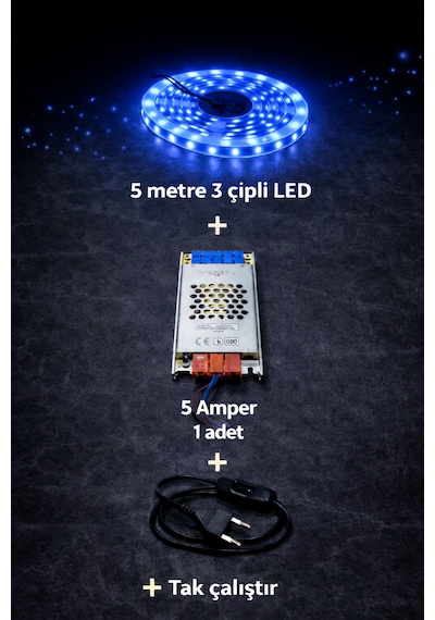 3 Çipli 5 Metre Beyaz Let + 5 Amper Trafo Set Mavi