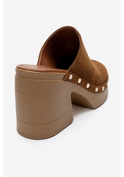 Luvishoes Bellune Taba Süet Hakiki Deri Perçin Detaylı Kadın Kalın Topuklu Terlik