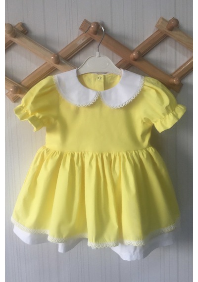 Dantel Detaylı Bebe Yaka Sarı Kız Çocuk Bebek Elbise 001