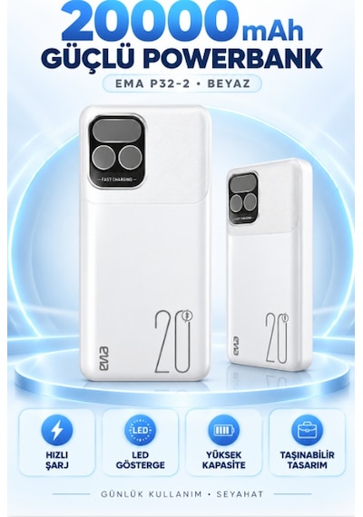 Eima P32-2 20000 Mah Hızlı Şarj Destekli Powerbank Led Göstergeli Beyaz Çok Renkli