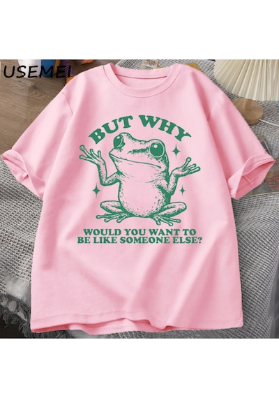 Flood Of Style Ama Neden Başka Biri Gibi Olmak İstersiniz T-shirt Erkekler Retro Komik Kurbağa Grafik T Shir Pembe