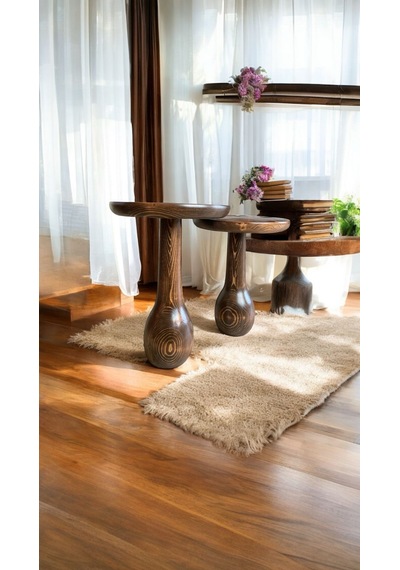 Wood Ahşap 2'li Set Konik Mantar Yan Sehpa Modern Fiskos / Ceviz