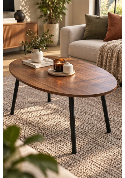 Sulorahome Ceviz Desenli Metal Ayaklı Oval Orta Sehpa