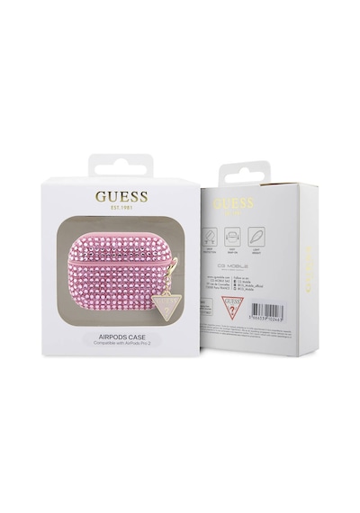Apple Uyumlu AirPods Pro 2 Kılıf Guess Lisanslı Parıltılı Taş Kaplamalı Üçgen Logo Süs Zincirli Pembe