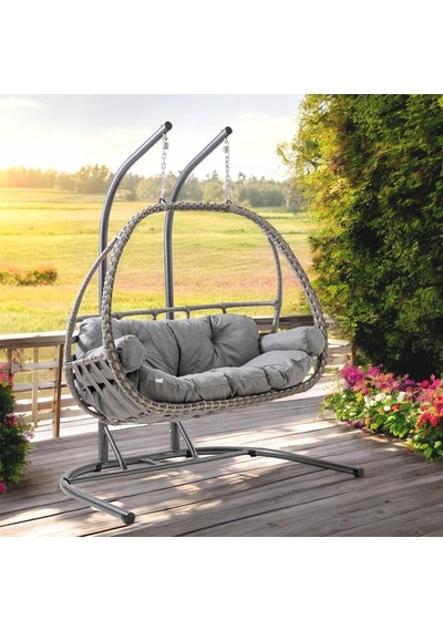 Malta Çiftli Rattan Bahçe Salıncağı Gri Çok Renkli