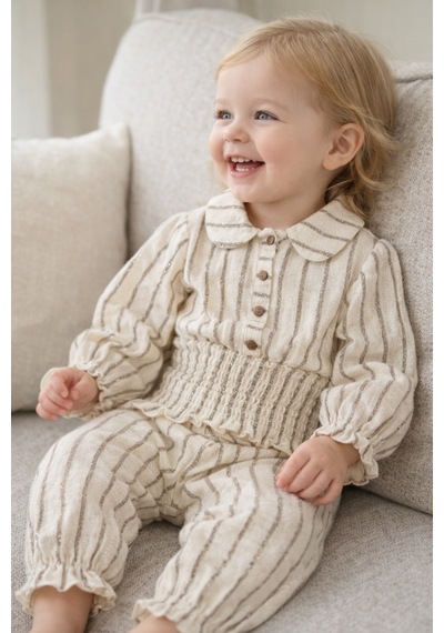 Babyhola Müslin Kız Bebek Bayramlık Takım Simli İp Geçişli Gipe Detaylı 2012 Kahverengi