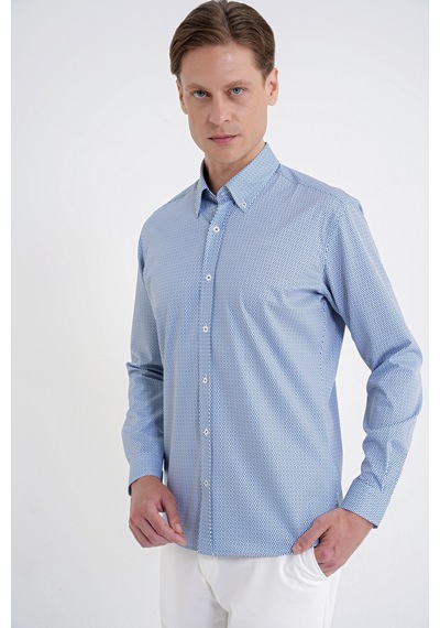 Slim Fit Yaka Düğmeli Baskılı Pamuklu Mavi Gömlek G 1606