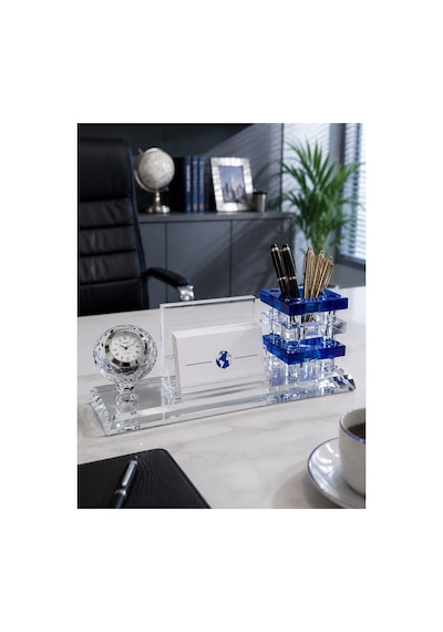 Premium Hediye Ofis Kristal Cam Saatli Kalemlik Kartvizitlik Yönetici Masaüstü Organizer Seti Mavi Çok Renkli