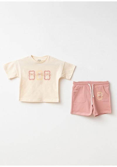 Haribo Lisanslı Fiyonk Aplikeli T-shirt Şort Takım Pudra