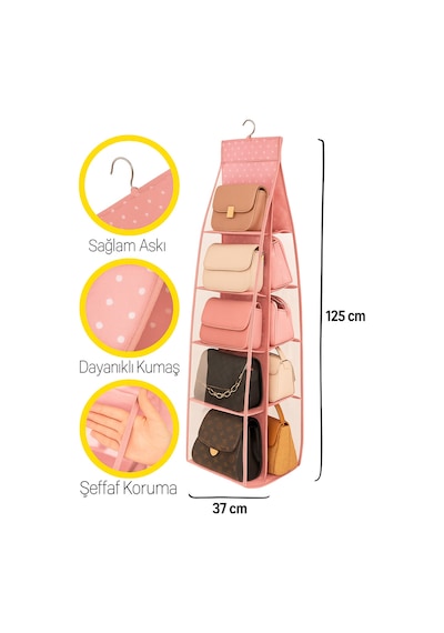 Serstil 10 Bölmeli Askılı Çanta Düzenleyici Organizer - Çanta Dolap İçi Kullanım Pembe Puantiyeli Pembe Puantiye