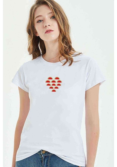 Karpuz Kalp Baskılı Beyaz Kadın Tshirt