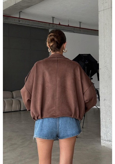 Öner Oversize Kadın Bomber Acı Kahve Süet Deri Ceket Kahverengi3565 Kahverengi3565
