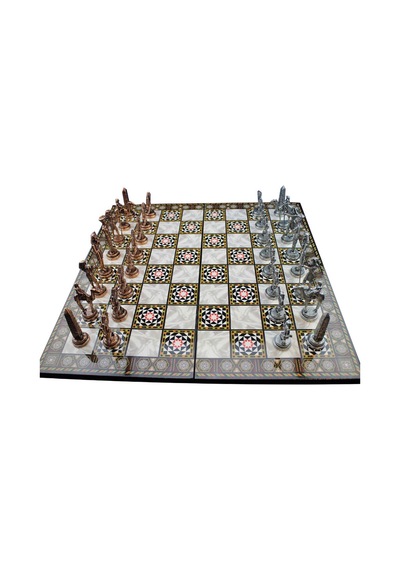 Metal Mısır Satranç Takımı Antik Ve Katlanır Sedef Desenli Mdf Ah