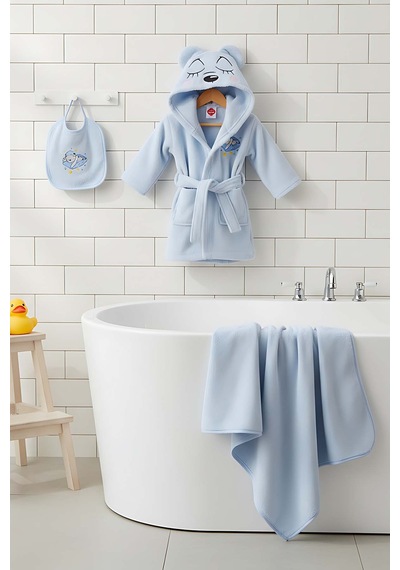 Bear Mavi %100 Pamuk Bebek Banyo Seti 0 - 24 Ay