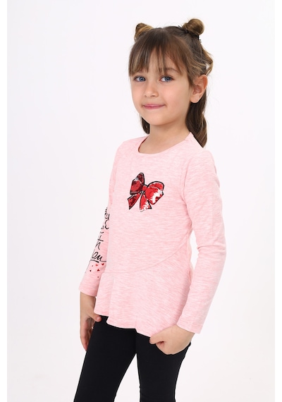 Toontoy Kids Toontoy Kız Çocuk Göğsü Pullu Fiyonklu Nakışlı T-shirt Pembe Melanj