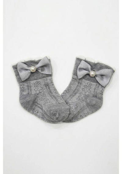 Cocole Socks Kız Çocuk Aksesuarlı Soket Çorabı Tekli Pamuklu Fiyonklu Gri Desenli