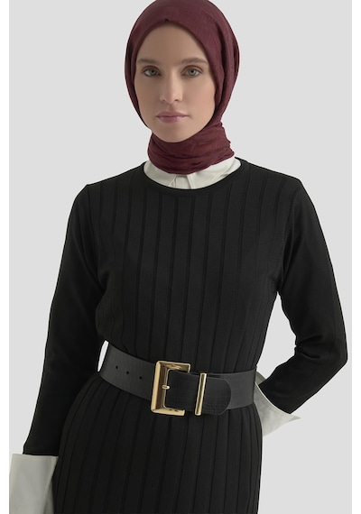 Armine Trend Kendinden Çizgili Triko Elbise Siyah 25ktd901