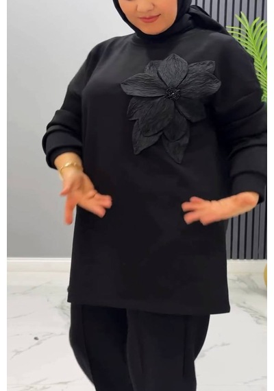 Vioshine Vıoshıne Kadın Çiçek Motifli Modal Kumaş İkili Takım Siyah
