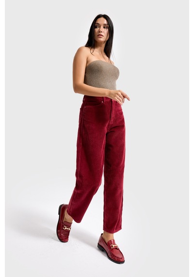 Itsbasic Kadın Bordo Renk 26w5-35 Relax Fit Kalın Fitilli Velvet Kadife Kumaş Pantolon