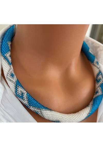 Chichibeads Anadolu Ruhlu El Yapımı Boncuk Kolye Bileklik Set Beyaz - Mavi