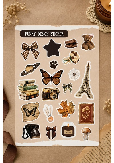 Kahverengi Sticker Seti Vintage Ayıcık Kitap Kahve Çiçek Estetik Etiket-4 Sayfa-90 Adet-kalın Kuşe K