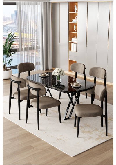 Canisa Jolin Serisi Mdf 90x168 Siyah Mermer Desen Masa Takımı 6 Cappucino Metal Sandalye Siyah Mermer Desen Masa, Cappucino Sandalye