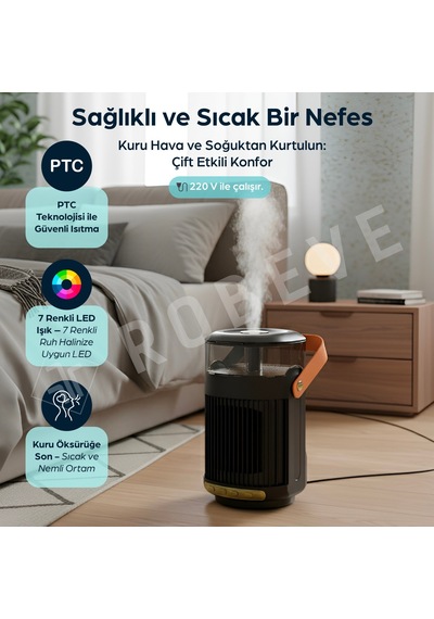 Robeve Taşınabilir Isıtıcı & Hava Nemlendirici Buhar Makinesi 7 Renk Led Işıklı, Uzaktan Kumandalı, Zaman Ayarlı, Devrilme Korumalı Mini Isıtıcı 800w