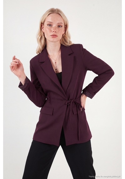 Lela Puantiye Astarlı Belden Bağlamalı Blazer Ceket Kadın Ceket 6524049 Mürdüm