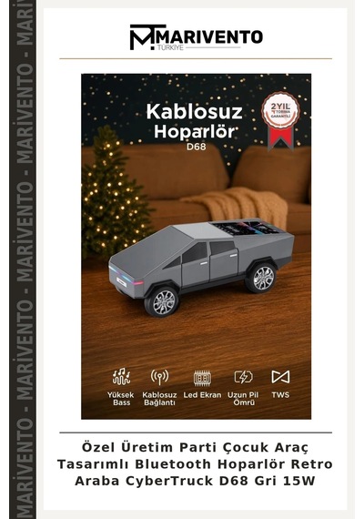 Özel Üretim Parti Çocuk Araç Tasarımlı Bluetooth Hoparlör Retro Araba Cybertruck D68 Gri 15w
