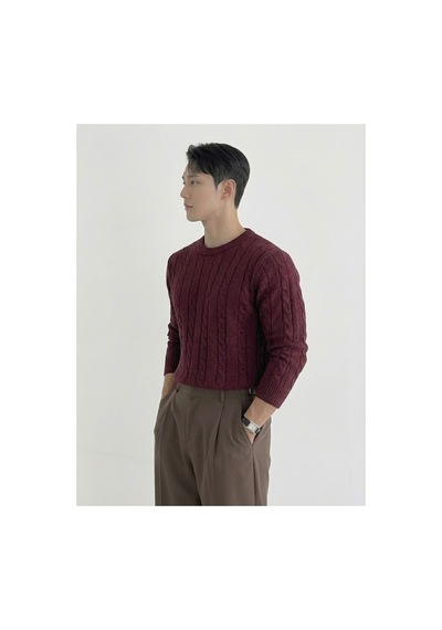Cool Tarz Erkek Bisiklet Yaka Slim Fit Saç Örgülü Triko Kazak Bordo Bordo