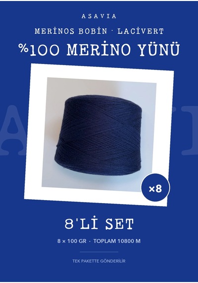 Asavia Merinos Bobin Örgü İpi 8'li Set 8 X 100 Gr %100 Merino Yünü Lacivert