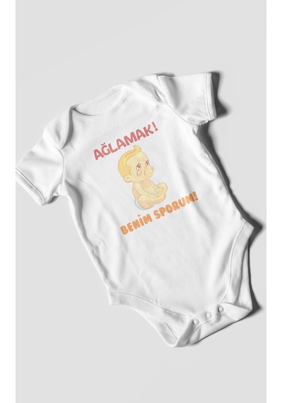 Ağlamak Benim Sporum Baskılı Bebek Zıbını Çıtçıtlı Body %100 Pamuk Kısa Kol Beyaz