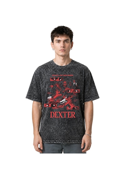 Dexter Dizi Ön Baskılı Unisex Oversize Eskitme Yıkamalı Tişört Siyah