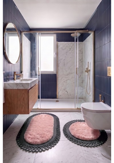 Banyo Paspası Takımı 60x100+60x60 Cm Dış Trikot Pembe & Antrasit Gri