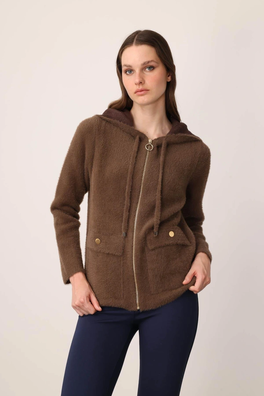 Kadın Kapüşonlu Fermuarlı Kısa Triko Sweatshirt Kahve Kahve