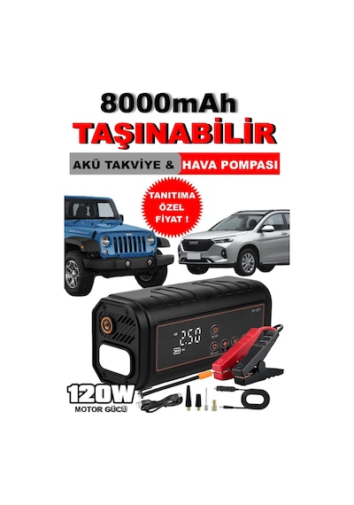 Ht15 2 Fonksiyonlu Akü Takviye & Hava Kompresörü 12v 150 Psı Dijital Lastik Pompası Powerbank Özellikli 0 - 150 Psı 0 - 10 Bar