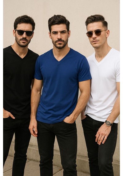 Rich Erkek 3'lü Paket Kısa Kollu %100 Pamuk V Yaka T-shirt Lacivert