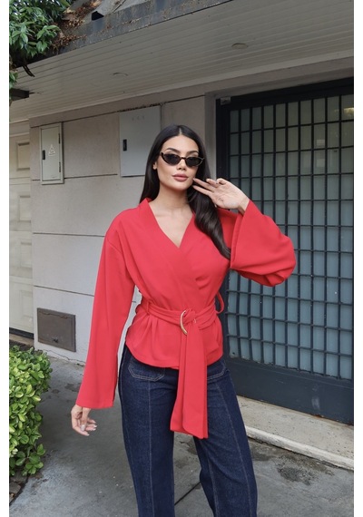 Kechi Woman Krep Kumaş Kruvaze Kemerli Kimono Bluz Kırmızı