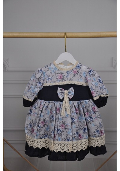 Dantelliçıtır Çiçek Desenli Vintage Elbise Mavi