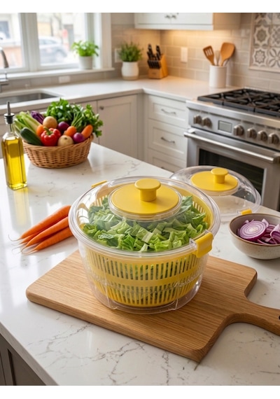 House & More 4.4 Litre Büyük Boy Sebze Meyve Kurutucu Süzgeçli Salata Dönencesi 3 Renk Sarı