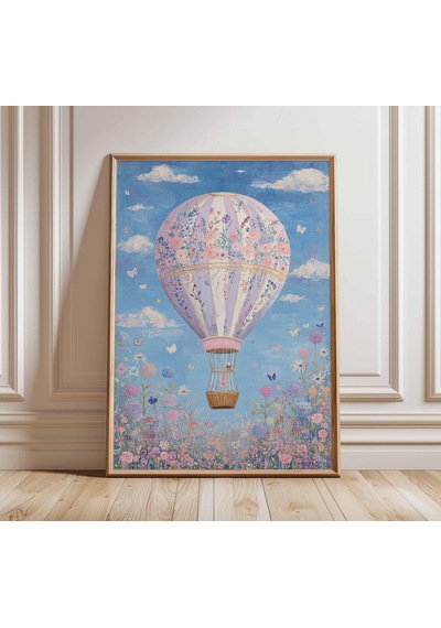 Hayalperest Çiçekli Sıcak Hava Balonu Sanat Baskısı Pastel Kır Evi Tarzı Maksimalist Çocuk Odası Duvar Dekoru