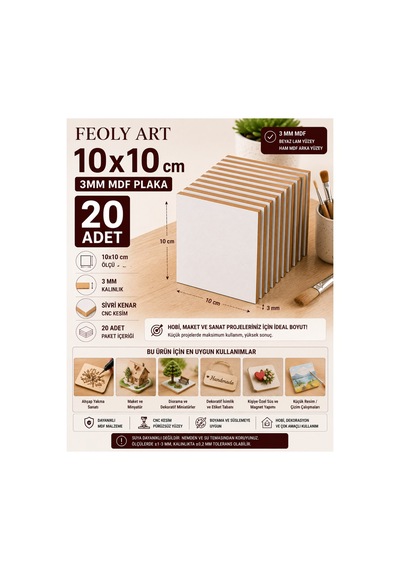 10x10 Cm 3mm Mdf Plaka 20 Adet - Beyaz Lam Kaplamalı