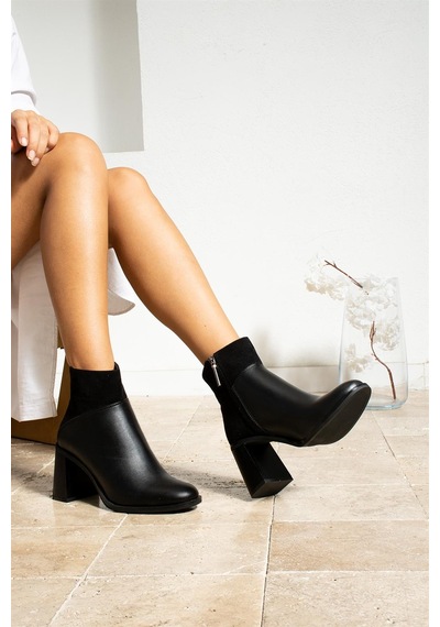 Shoetek Stel Kadın Bot&bootie Kalın Topuklu Siyah Deri Sıyah Cılt