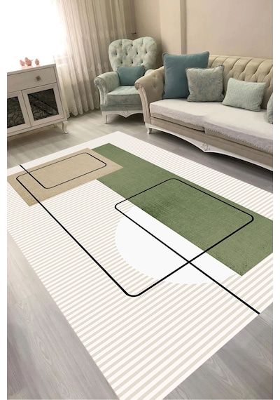 Alanur Kaymaz Yıkanabilir Dijital Baskılı Salon Halısı Trend Geometrik Al4052 Bej
