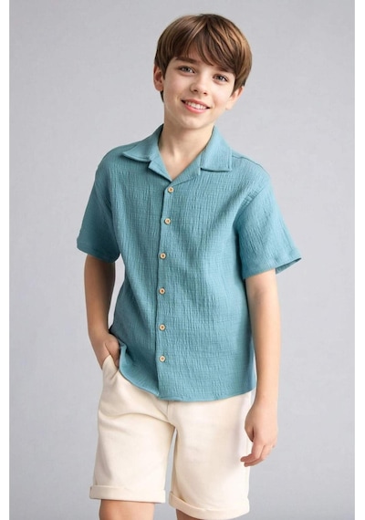 DeFacto Erkek Çocuk Oversize Geniş Kalıp Polo Yaka Müslin Kısa Kollu Gömlek W3239A625HSGN382