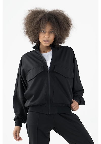 Maraton Sportswear Oversize Kadın Dik Yaka Uzun Kol Basic Siyah Tracktop 22176-siyah Siyah