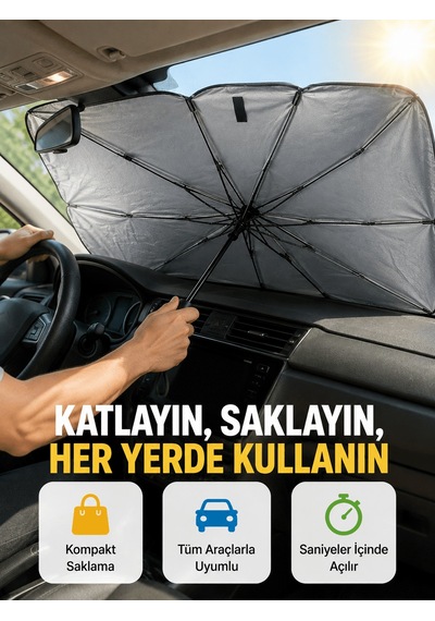 Dayanıklı Upe Alaşımlı Şemsiye Tipi Araç Güneşliği - Kolay Katlanır Yeni Nesil Çok Renkli