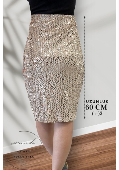 Sermoda Pullu & Astarlı Pullu Diz Altı Kalem Etek - 60 Cm Uzunlukta Abiye Etek Likralı & Esnek Etek Vizon