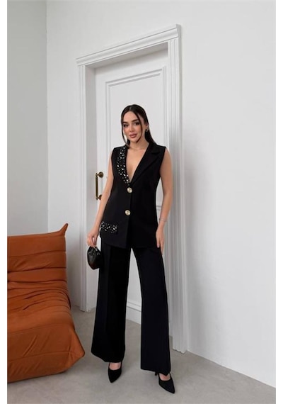 Neşeli Butik Kadın Siyah Taş İşlemeli Düğme Detaylı Kolsuz Blazer Ceket Pantolon Takım Nbstr1030 Neşeli Butik Kadın Siyah Taş İşlemeli Düğme Detaylı Kolsuz Blazer Ceket Pantolon Takım Nbstr1030