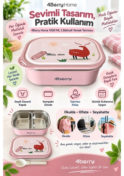 2 Bölmeli Yemek Termosu - Pembe Geyik Desenli Beslenme Kabı - 1000 Ml, Sızdırmaz, Kaşıklı, Paslanmaz Çelik